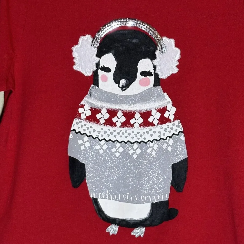 Gymboree Size 5 Holiday Red Penguin Shirt Ear Muffs Glitter Sequins